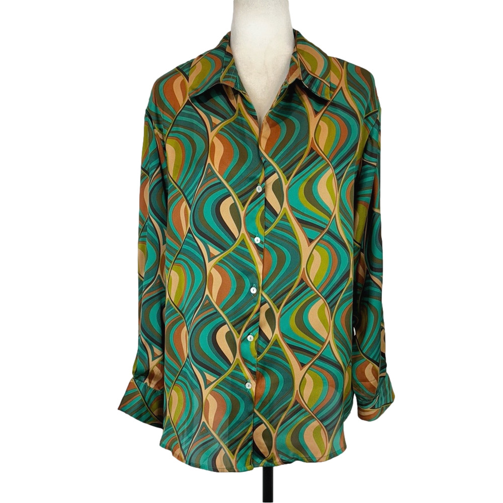 Haver green and tan satin shirt